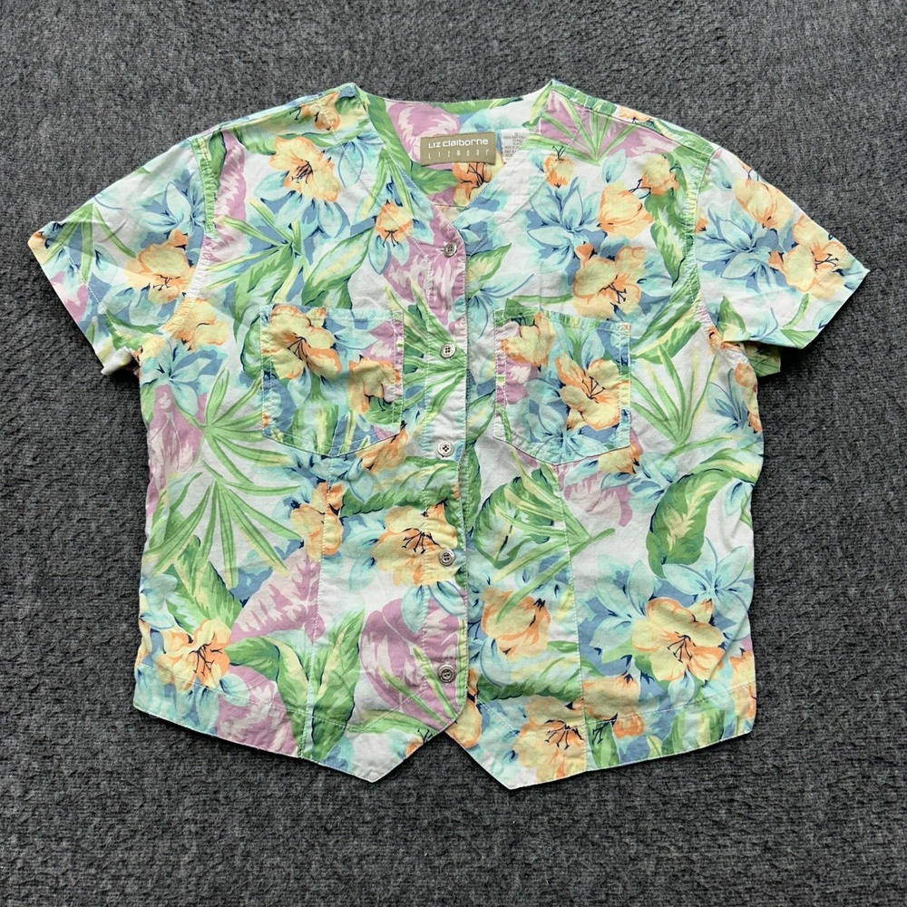 VTG 90s Liz Claiborne Tropical Floral Blouse S Cottagecore Boho Coastal Grandma